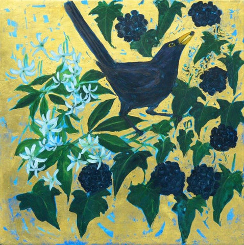 Julie Goring 'Blackbird, Black Berries' acrylic and 22ct gold leaf on board 30x30cm