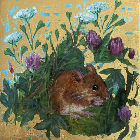 Julie Goring 'In the Clover' acrylic on gesso panel with 22ct gold leaf 13x13cm