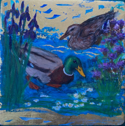 Julie Goring 'Towards the Water' acrylic on gesso panel with 22ct gold leaf 12x12cm