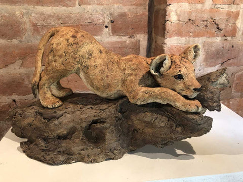 Julie Wilson 'Lion Cub on a Log' ceramic