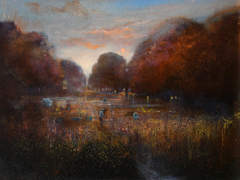 Kate Bentley 'End of Season -Allotments' oil on panel 30x40cm (45x55cm Framed)
