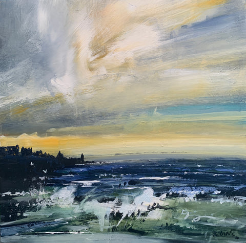 Ken Roberts 'Stormy Sea, St Andrews Castle' acrylic on cradled wood panel 61x61cm (80x80cm framed)