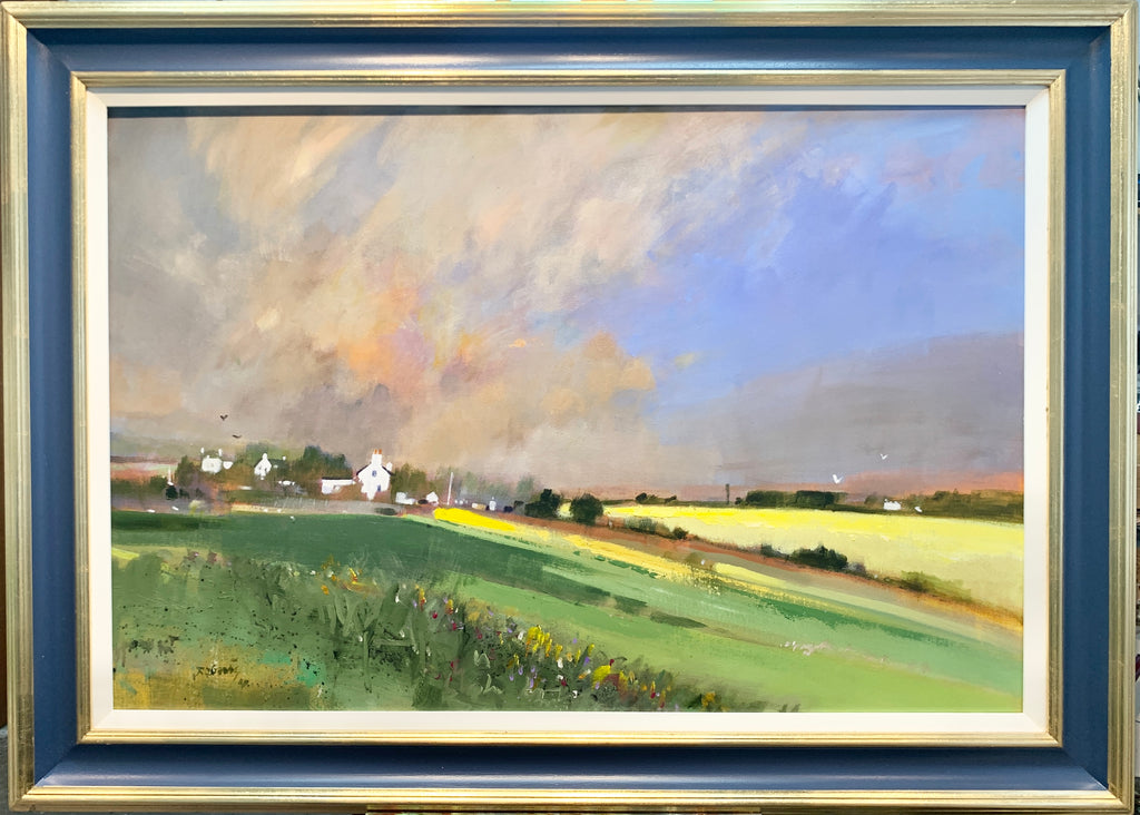 Painting of a landscape with fields, buildings, and a dramatic sky.