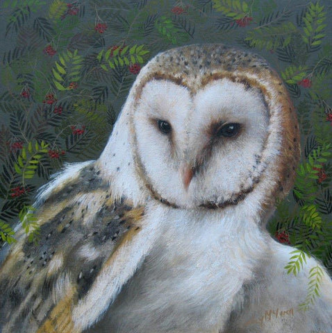 Lesley McLaren 'Barn Owl and Rowan Berries' oil on gesso board 20x20cm