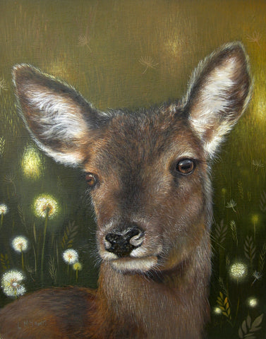 Lesley McLaren 'Deer and Dandelions' oil on gesso board 25x20cm