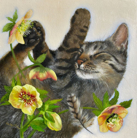 Lesley McLaren 'Hiding behind Hellebores' oil on gesso board 25x25cm