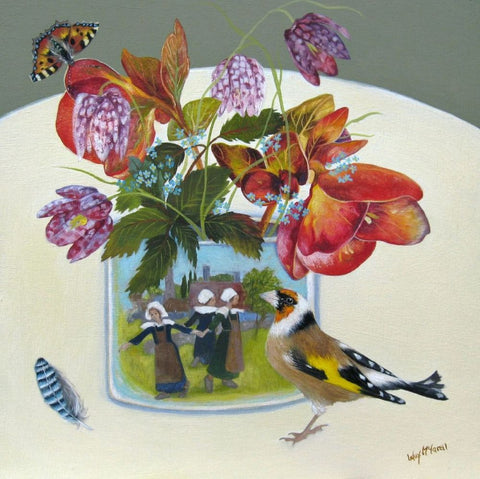 Lesley McLaren 'Spring Flowers and a Goldfinch' oil on gesso board 20x20cm