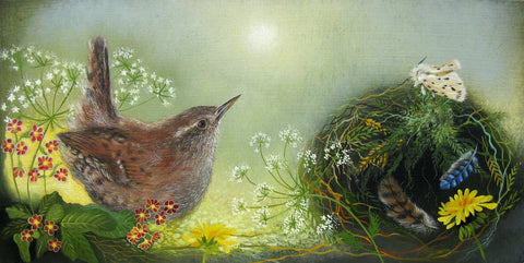 Lesley McLaren 'Wren and Ermine Moth' oil on gesso board 15x30cm