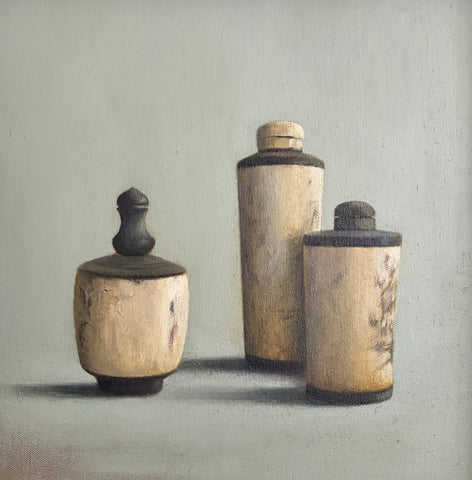 Lindsay Turk 'Chinese Bottles' oil on canvas 25x25cm (41x41cm)