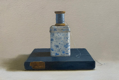 Lindsay Turk 'Spool, Tin & Sonnets' oil on canvas 20x30cm (32x42cm)