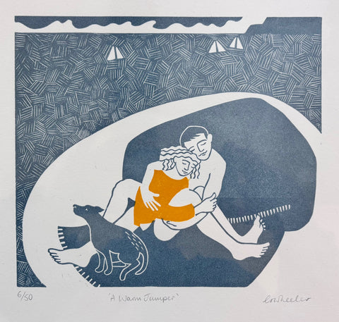 Lizzie Wheeler 'A Warm Jumper' linoprint edition of 50 19x21cm (30x33cm inc mount)