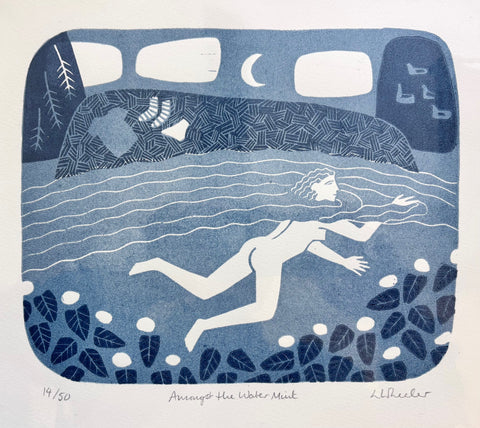 Lizzie Wheeler 'Amongst the Water Mint' linoprint edition of 50 20x25cm (30x33cm inc mount)
