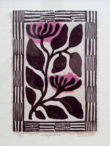 Lizzie Wheeler 'Honeysuckle' woodcut with chine-collé edition of 30 22x17cm