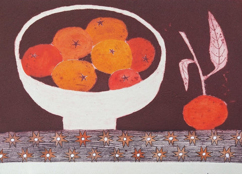 Lizzie Wheeler 'Tangerines' collagraph and hand colouring, edition of 15 17x25.5cm