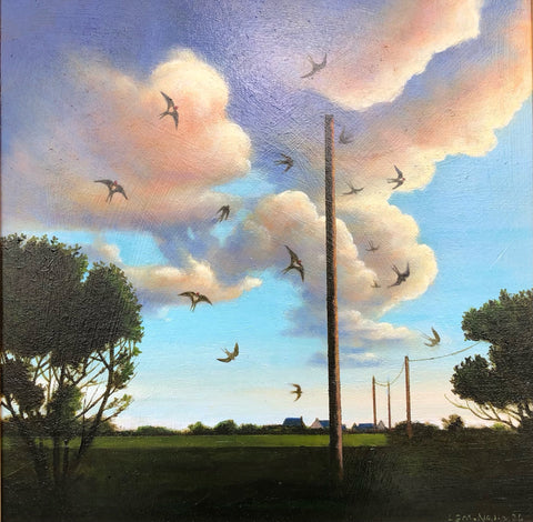 Louis McNally 'Watching Swallows' oil on board 40.5x40.5cm