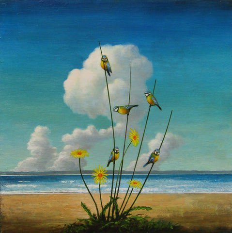 Louis McNally 'Yellows and Blues' oil on board 45.5x45.5cm