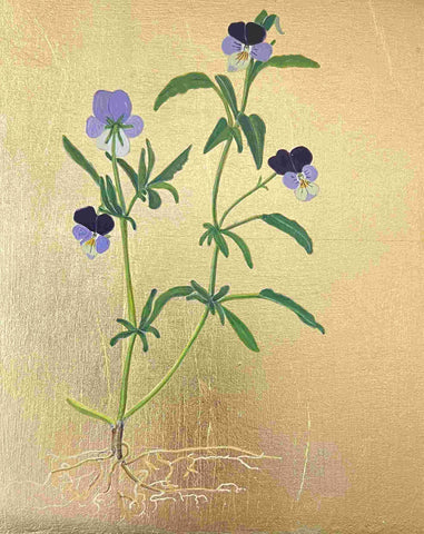 Mariella Baldwin Violet Viola with Roots' casein and Dutch metal leaf on panel 24x20cm