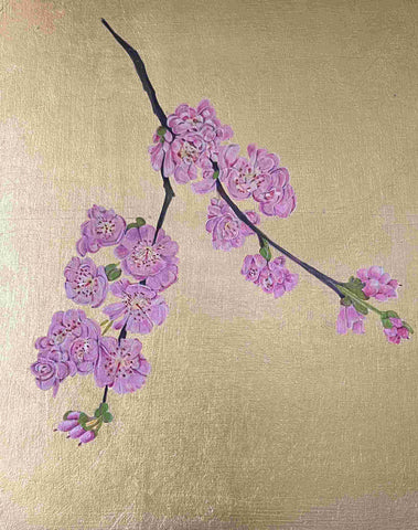 Mariella Baldwin 'Double Pink Cherry Blossom' casein and Dutch metal leaf on panel 24x20cm