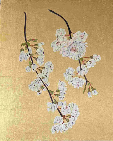 Mariella Baldwin 'Double White Cherry Blossom' casein and Dutch metal leaf on panel 24x20cm