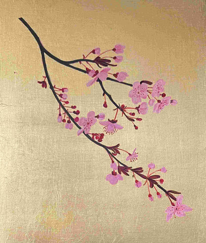 Mariella Baldwin 'Early Pink Plum Blossom' casein and Dutch metal leaf on panel 24x20cm
