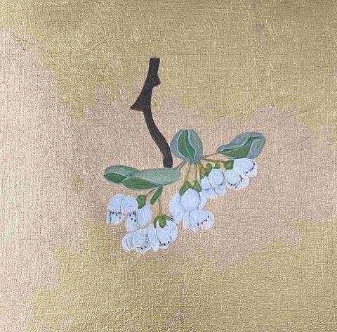 Mariella Baldwin 'Pear Blossom' casein and Dutch metal leaf on panel 15x15cm