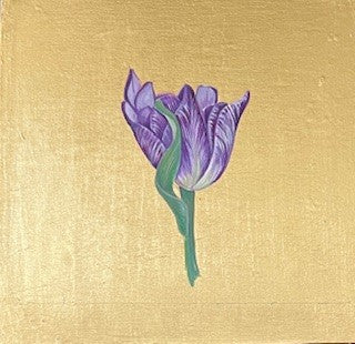 Mariella Baldwin 'Purple Striped Tulip' casein and Dutch metal leaf on panel 15x15cm