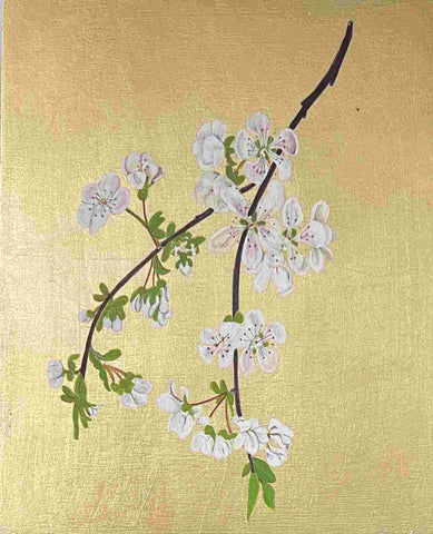 Mariella Baldwin 'Single White Blossom' casein and Dutch metal leaf on panel 24x20cm
