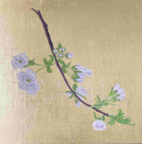 Mariella Baldwin 'White Blossom Twig' casein and Dutch metal leaf on panel