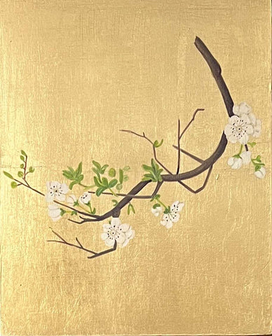 Mariella Baldwin 'White Plum Blossom Branch' casein and Dutch metal leaf on panel 24x20cm