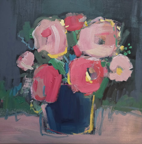 Mary McDonald 'Pink Ranunculus' acrylic on canvas 51x51cm (64x64 framed)