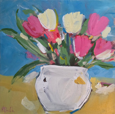 Mary McDonald 'Tulips' acrylic on canvas 51x51cm (64x64cm framed)