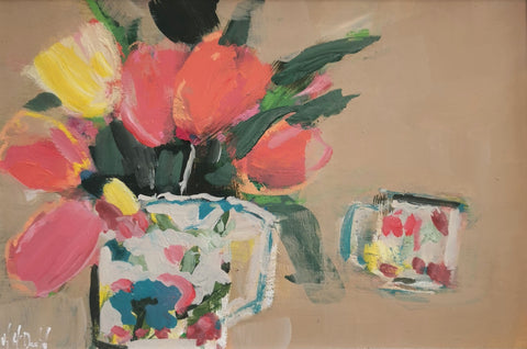 Mary McDonald 'Tulips and Masons Jug' acrylic on panel 20x30cm (33x43cm framed)
