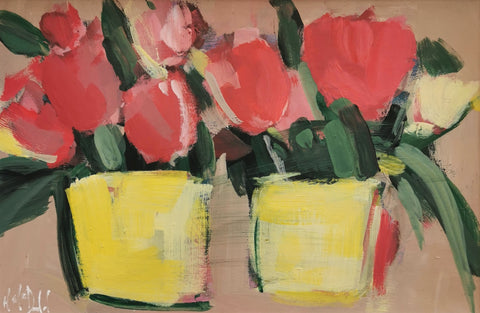 Mary McDonald 'Tulips in Two Vases' acrylic on panel 20x30cm (33x43cm framed)
