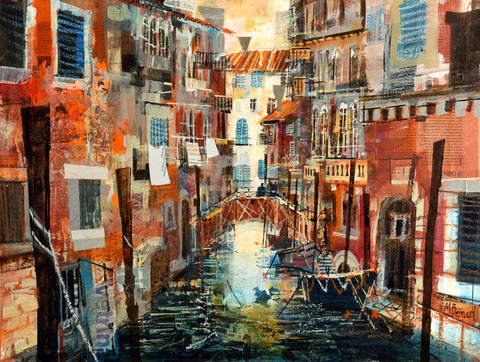 Mike Bernard 'Exploring Venice' acrylic and collage on canvas 46x61cm