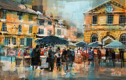 Mike Bernard 'Farmers' Market, Woodstock' acrylic and collage on board 28x44cm