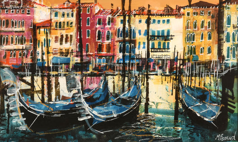 Mike Bernard 'Gondolas, Grand Canal, Venice' acrylic and collage on board 27x45cm
