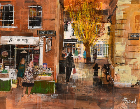 Mike Bernard 'Market St, Woodstock' acrylic and collage on board 32x41cm