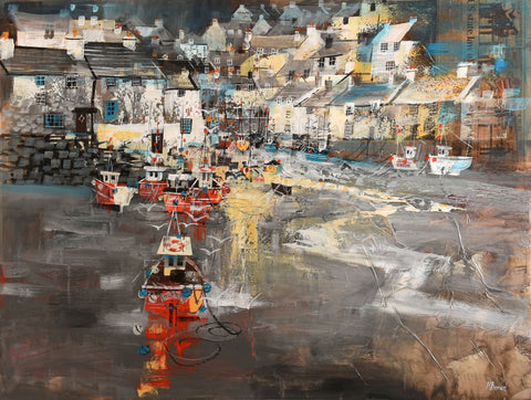 Mike Bernard 'Red Fishing Boats, Low Tide, Polperro' acrylic and collage on canvas 77x102cm