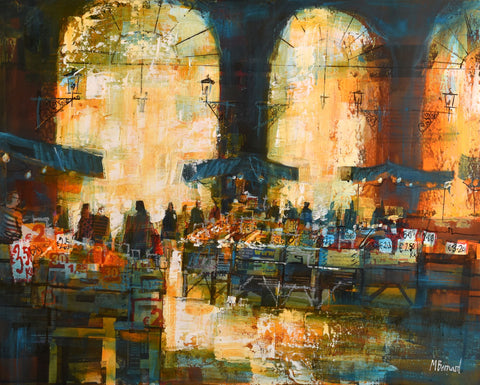 Mike Bernard 'Tuscan Fruit Market' acrylic and collage on canvas 61x76cm