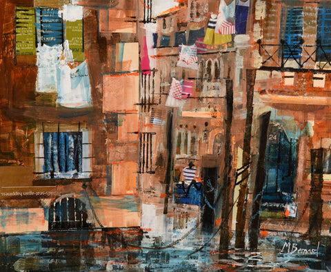 Mike Bernard 'Venetian Backwater' acrylic and collage on board 28x34cm