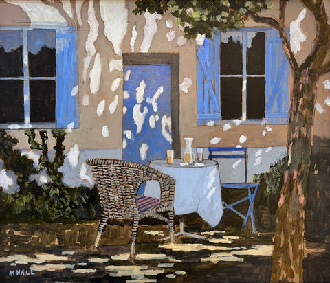 Mike Hall 'Blue Cottage' acrylic on board 34x30cm