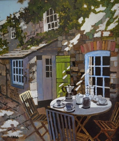 Mike Hall 'Courtyard Breakfast' acrylic on board 34x30cm