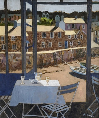 Mike Hall 'Harbour Café I' acrylic on board 34x30cm