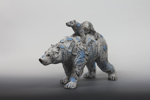 Jack Durling 'Mother Polar Bear and Cub' ceramic H28cm L36cm
