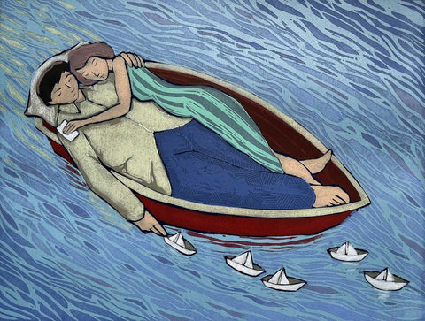 Mychael Barratt 'Love Notes and Little Boats' woodcut 50x66cm