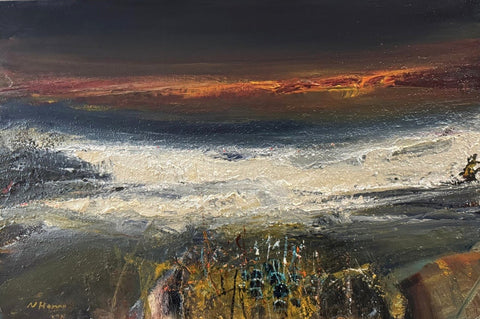 Nael Hanna 'Dawn over St Monans' Waters' mixed media on canvas 60x90cm