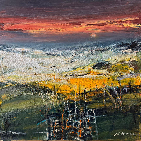 Nael Hanna 'Fishing Time, West Haven, Angus' mixed media on canvas 50x50cm