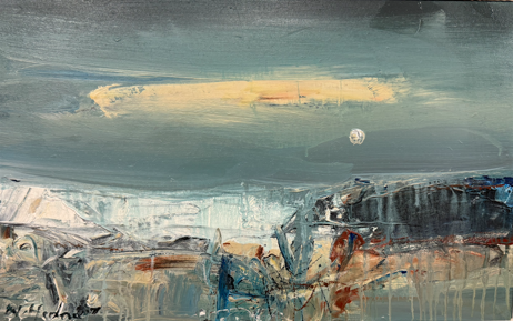 Nael Hanna 'High Tide Auchmithie' mixed media on board 40x66cm