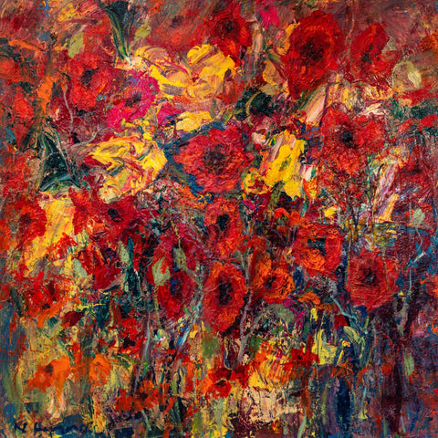 Nael Hanna 'Roadside Poppies' mixed media on canvas 100x100cm