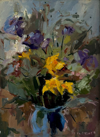 Nigel Fletcher ‘Daffodils in Blue Jar’ oil on panel 20x15cm (32x28cm)